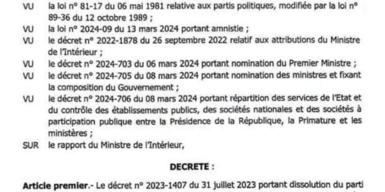 Le document portant abrogation de la dissolution du parti Pastef désormais rendu public